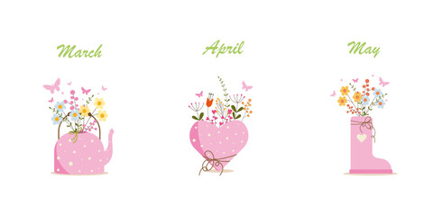 Vector illustration on the theme of spring. The months are March, April, and May. Spring flowers.