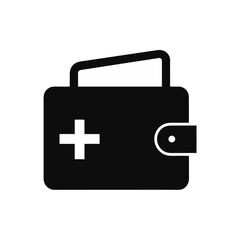 Fototapeta premium Black medical first aid kit bag with red cross and handle isolated on white background