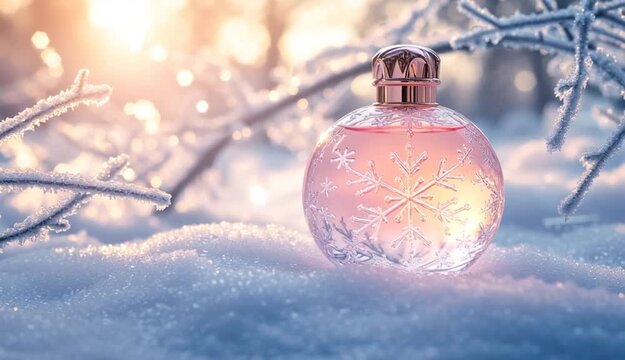 Elegant round perfume bottle with rose gold metallic cap sitting on snow, clear glass with pink-tinted liquid inside, snowflake pattern etched on the bottle, surrounded by frosted tree branches with