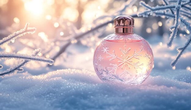 Elegant round perfume bottle with rose gold metallic cap sitting on snow, clear glass with pink-tinted liquid inside, snowflake pattern etched on the bottle, surrounded by frosted tree branches with