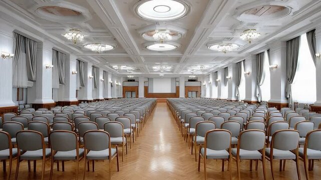 Grand Assembly Hall: A meticulously arranged auditorium, boasting rows of empty chairs awaiting an event, under a stunning decorated ceiling.