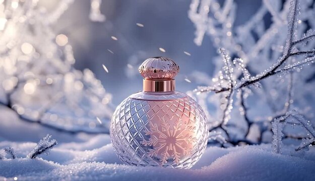Elegant round perfume bottle with rose gold metallic cap sitting on snow, clear glass with pink-tinted liquid inside, snowflake pattern etched on the bottle, surrounded by frosted tree branches with