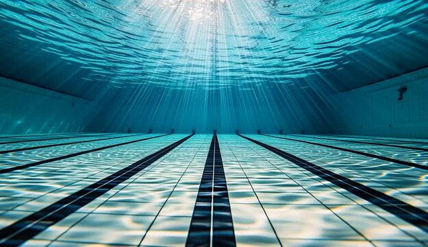 Underwater view of an Olympic swimming pool with black lane divider lines on white tiled floor, shot from below the water surface looking up