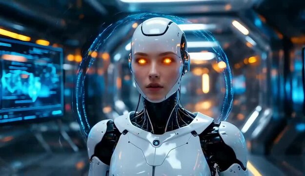 Futuristic female android robot in neon cyberpunk city corridor with glowing red eyes and advanced technology interface