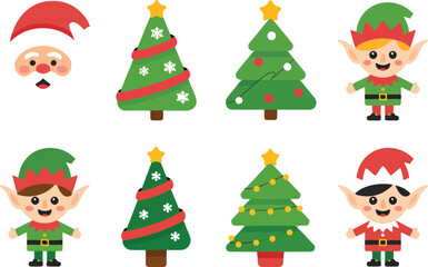 Christmas Cartoon Icon Set  Santa Claus, Decorated Trees, and Holiday Symbols