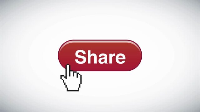 Red share button user interface animation on white background, social media sharing concept with clickable glossy UI element