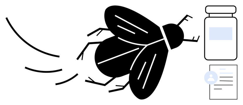 Pest control, healthcare, hygiene, food safety, pharmaceutical research, vector disease. Black fly with medicine jar and paper. Pest control and healthcare illustrated