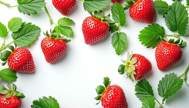 Fresh red strawberries with green leaves arranged as decorative frame border on white background, empty center space for text
