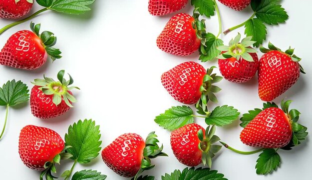 Fresh red strawberries with green leaves arranged as decorative frame border on white background, empty center space for text
