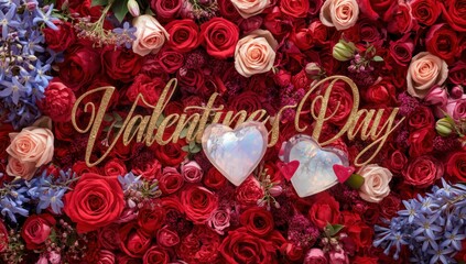 Valentine's Day floral wall with red roses, pink tulips, and gold text flowers hearts