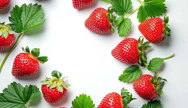 Fresh red strawberries with green leaves arranged as decorative frame border on white background, empty center space for text
