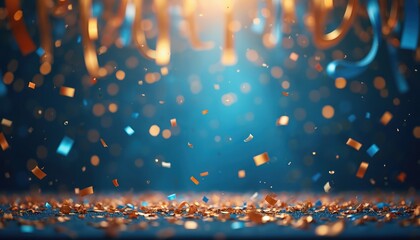 Fototapeta premium Golden and blue ribbons and confetti fall against a bright blue background with bokeh lights. This festive scene evokes joy and celebration, perfect for parties and events.
