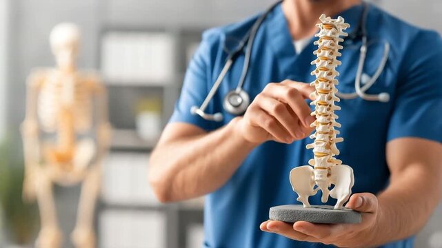 A young orthopedic physician in uniform is employed at a clinic. An osteopath or chiropractor holding a human skeleton's spine
