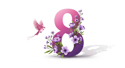 Obraz premium A large pink and purple number eight decorated with flowers and a hummingbird