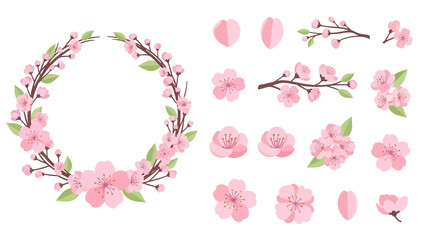 Cherry Blossom Elements: Wreath, Branches, Flowers, Petals - Spring Flat Design