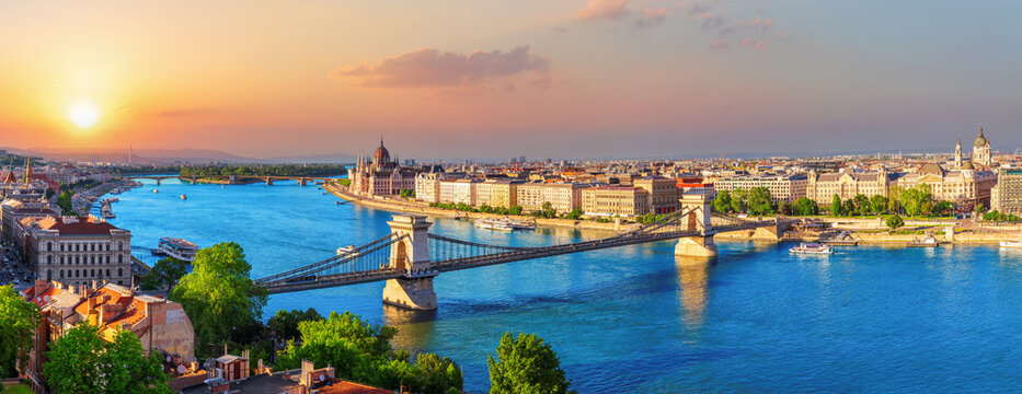 Full Panorama of Budapest landmark, famous Chain Bridge with Parliament and Margaret Island, Hungary