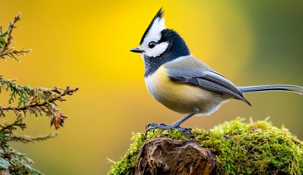 Small crested tit bird with distinctive black and white head crest perched on moss-covered wooden stump, pine branch
