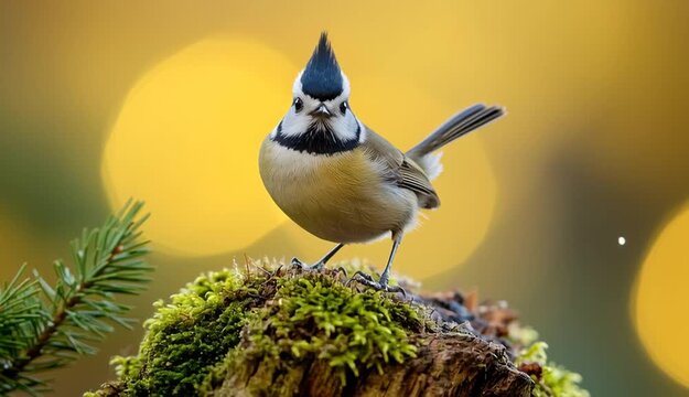 Small crested tit bird with distinctive black and white head crest perched on moss-covered wooden stump, pine branch
