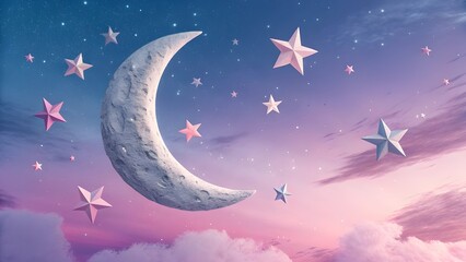 Naklejka premium Dreamy Crescent Moon and Stars in a Twilight Sky.