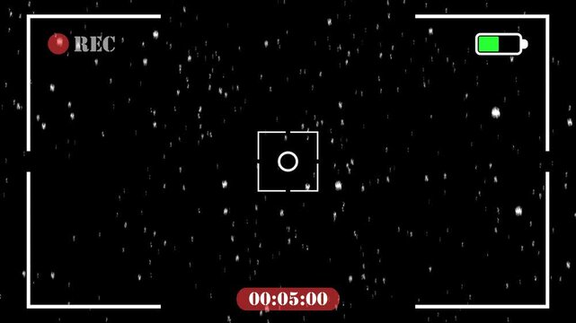 Monochrome flying particles with retro-futuristic glitch and static noise effects, combined with a camera overlay featuring recording icon and text, digital pixel noise, VHS 80's style, 4K, with alpha