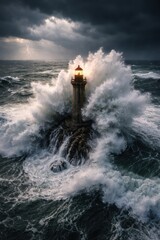 Lighthouse Beaming Light Amidst Crashing Storm Waves. AI Generated