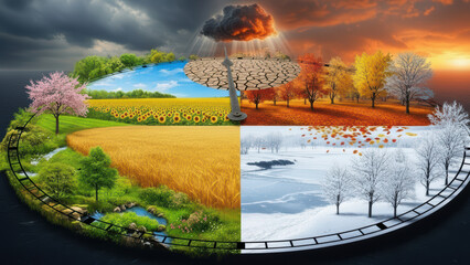 Surreal Climate Change Clock Showing Seasons And Drought. AI Generated