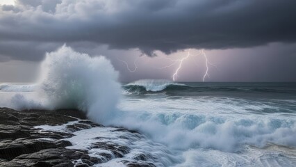 Dramatic Lightning Storm Over Crashing Ocean Waves. AI Generated