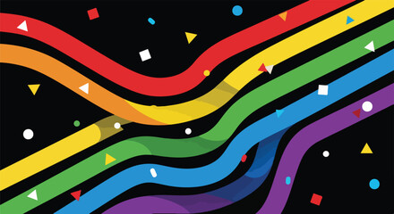Abstract rainbow colored lines and confetti on a black background, symbolizing diversity, pride, and celebration