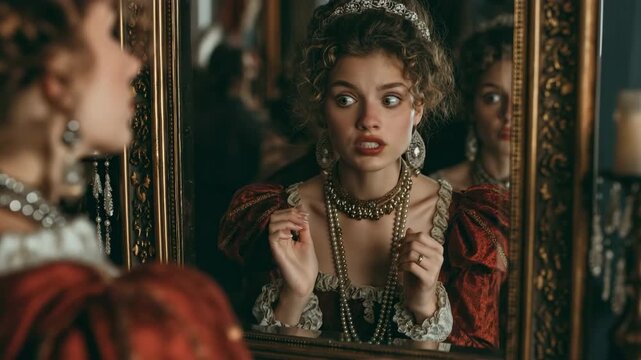 A young Caucasian woman dressed in a Renaissance costume glances at the mirror with a startled face. Beauty's emotional response to fashion and historical concepts