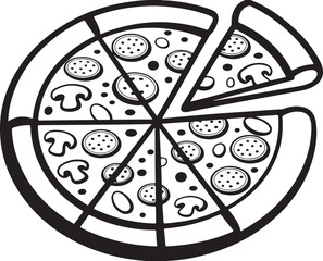 Outline full pizza with one missing slice tasty italian food black and white drawing