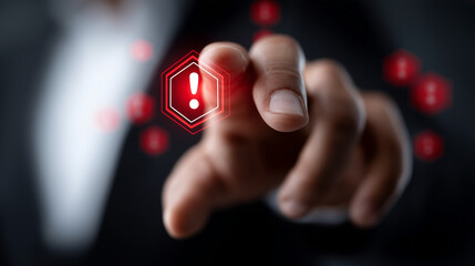 Cyberattack warning concept featuring a hand reaching toward digital red alert icons, symbolizing system hacks, data breaches, financial threats, and identity theft in a high-risk