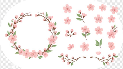 Cherry Blossom Wreath and Elements - Watercolor Style