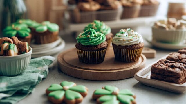 Delicious green frosted cupcakes and shamrock cookies arranged on a wooden board, showcasing festive treats for St. Patrick's Day celebrations with vibrant colors and textures