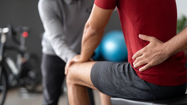 Cyclist hip strain doing targeted flexibility exercises under supervision modern rehab room detail