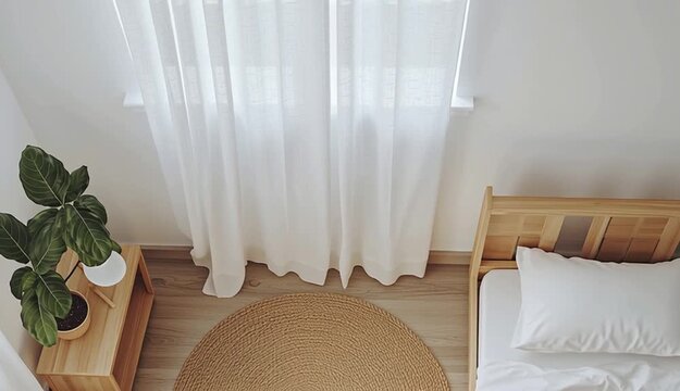 Top-down aerial view of child's bedroom, single wooden bed with white bedding and pillow, round beige jute rug, teddy bear on floor, wooden nightstand with table lamp