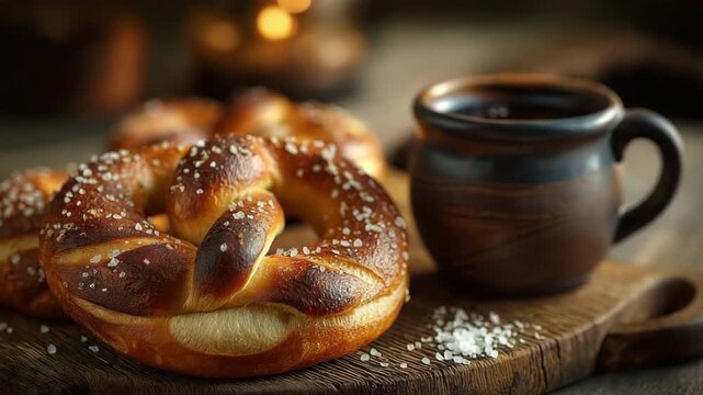 On a rustic wooden board, soft pretzels with a cup of water and coarse salt. Christian Lenten fasting customs that resemble crossed arms in prayer