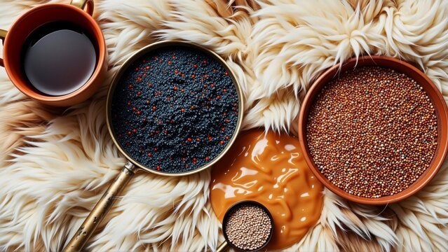 flat lay various food items arranged white furry surface side copper mug filled black coffee next mug two small bowls filled red black seeds center table appears frying pan more seeds frying pan