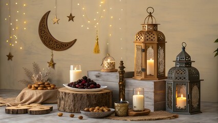 Obraz premium Ramadan Iftar Table Setting with Dates Lanterns and Crescent Moon Decoration.