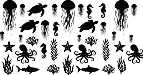 Marine life silhouettes collection, ocean animals and plants set, jellyfish turtle octopus seahorse shark icons, underwater nature theme, black vector illustration © MstFatema