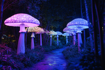 Glowing fantasy mushroom ecosystem in magical forest with bioluminescent fungi and mysterious light, generative ai