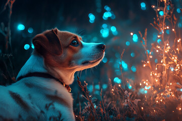 Generative AI surreal portrait of a Jack Russell dog in a glowing fantasy environment with sparkling mysterious lights