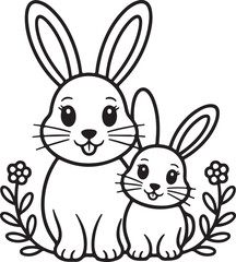 Bunny with baby rabbit surrounded by flowers cute line art vector illustration animal