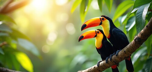 Obraz premium Two colorful toucans perch on a branch in a vibrant rainforest. Sunlight filters through green leaves, highlighting their bright beaks and plumage. They seem to be a pair enjoying nature together.