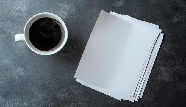 Top-down flat lay of blank white paper sheets stacked on dark gray concrete textured surface, white coffee mug with black coffee