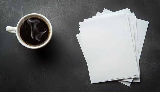 Top-down flat lay of blank white paper sheets stacked on dark gray concrete textured surface, white coffee mug with black coffee