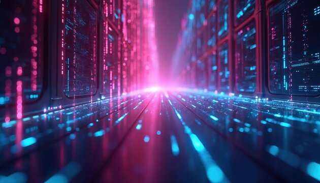 Digital abstract tunnel with glowing pink and blue lights. Data streams flow forward on a futuristic server room floor. Cyberspace network perspective. - Powered by Adobe