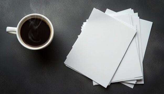 Top-down flat lay of blank white paper sheets stacked on dark gray concrete textured surface, white coffee mug with black coffee