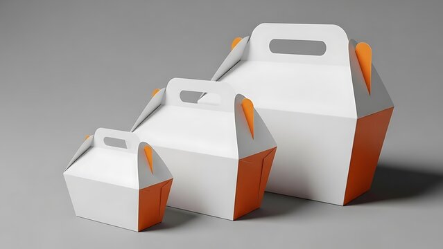 White and orange takeout containers in three sizes cardboard boxes