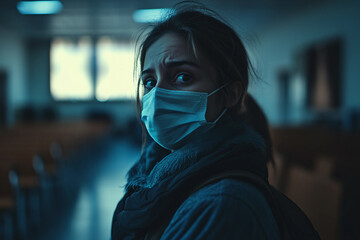 Generative AI image of a teacher doctor medical worker in medical mask standing in classroom during pandemic