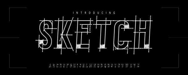 Sketch Font is A futuristic sketch blueprint display font with technical grid lines, wireframe structure, and architectural sci-fi aesthetics. © Ook